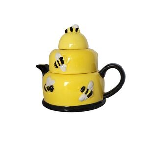 Huston Harvest Teapot Dipper Spoon Set Ceramic Beehive Honey Bees